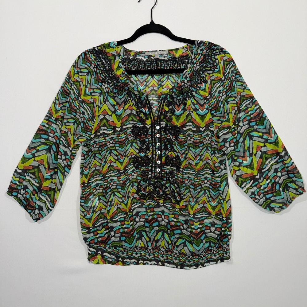 Daniel Rainn Blouse Womens PM Petite Medium Multi Color Sheer Boho‎ Peasant
